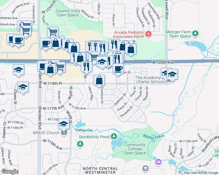 map of restaurants, bars, coffee shops, grocery stores, and more near 11780 Raleigh Place in Westminster