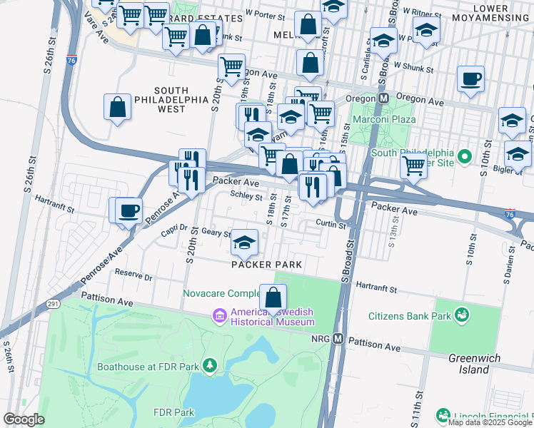 map of restaurants, bars, coffee shops, grocery stores, and more near 1808 Forrestal Street in Philadelphia