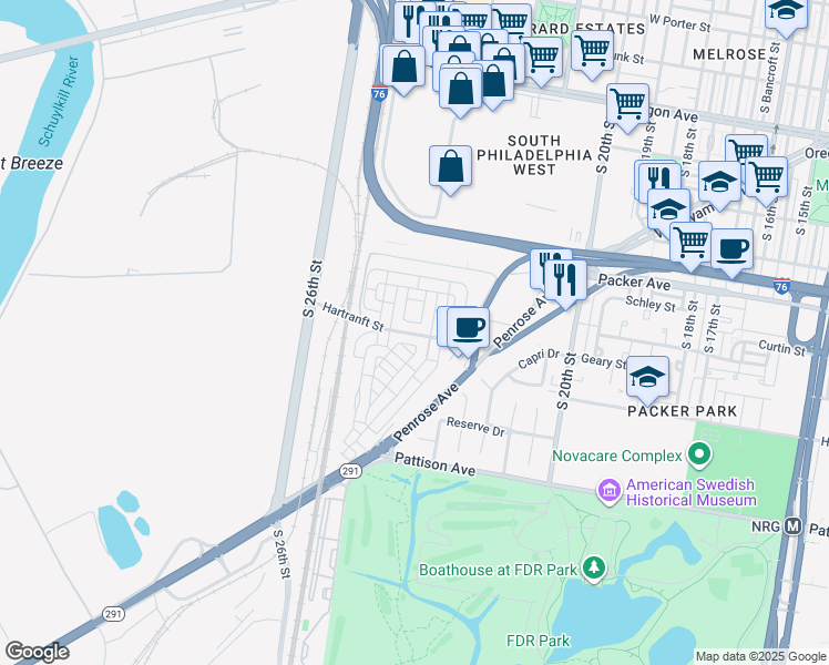 map of restaurants, bars, coffee shops, grocery stores, and more near 2305 Napoli Way in Philadelphia