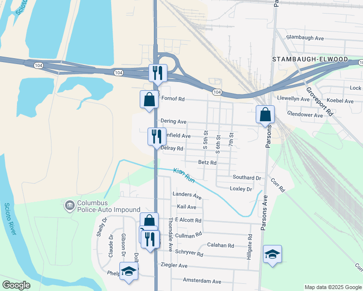 map of restaurants, bars, coffee shops, grocery stores, and more near 74 Betz Road in Columbus