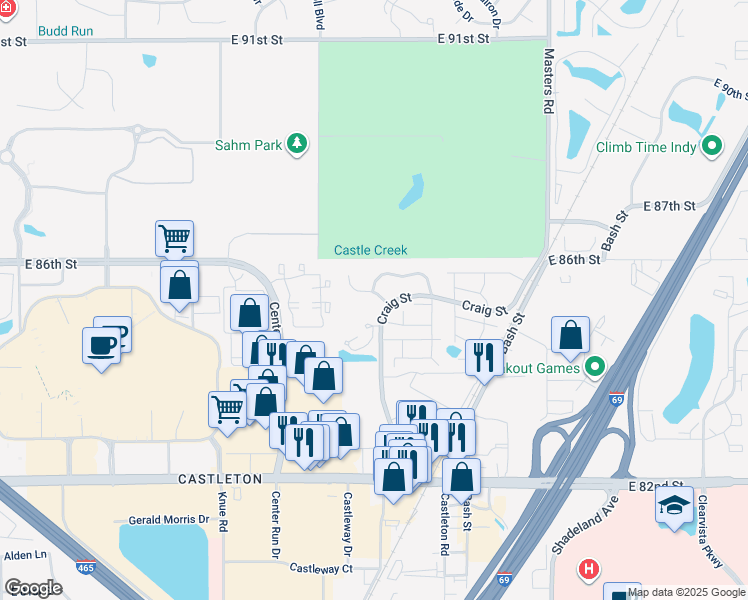 map of restaurants, bars, coffee shops, grocery stores, and more near 8480 Craig Street in Indianapolis