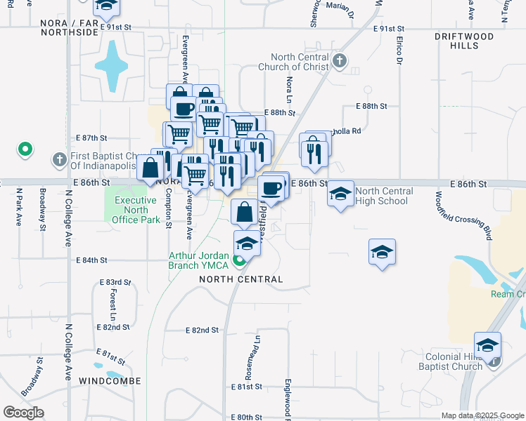 map of restaurants, bars, coffee shops, grocery stores, and more near 2450 East 85th Street in Indianapolis