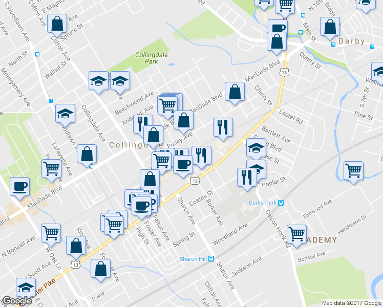 map of restaurants, bars, coffee shops, grocery stores, and more near 924 Marshall Road in Sharon Hill