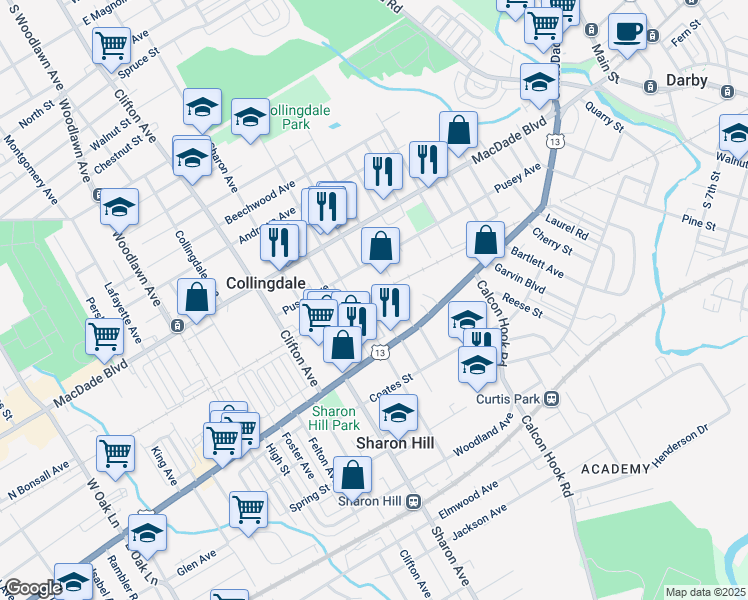 map of restaurants, bars, coffee shops, grocery stores, and more near 924 Marshall Road in Sharon Hill