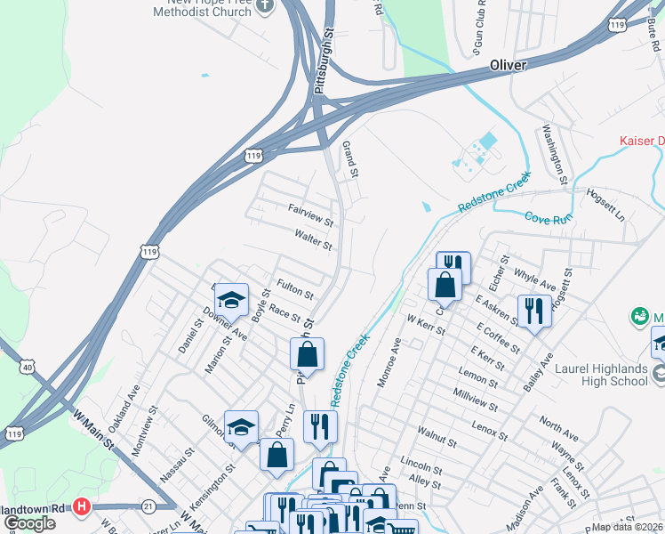 map of restaurants, bars, coffee shops, grocery stores, and more near 271 Pittsburgh Road in Uniontown