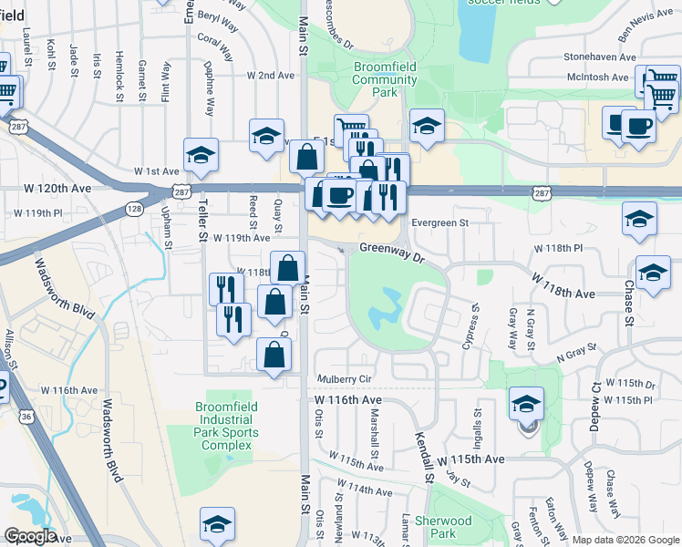 map of restaurants, bars, coffee shops, grocery stores, and more near 136 Willow Place South in Broomfield