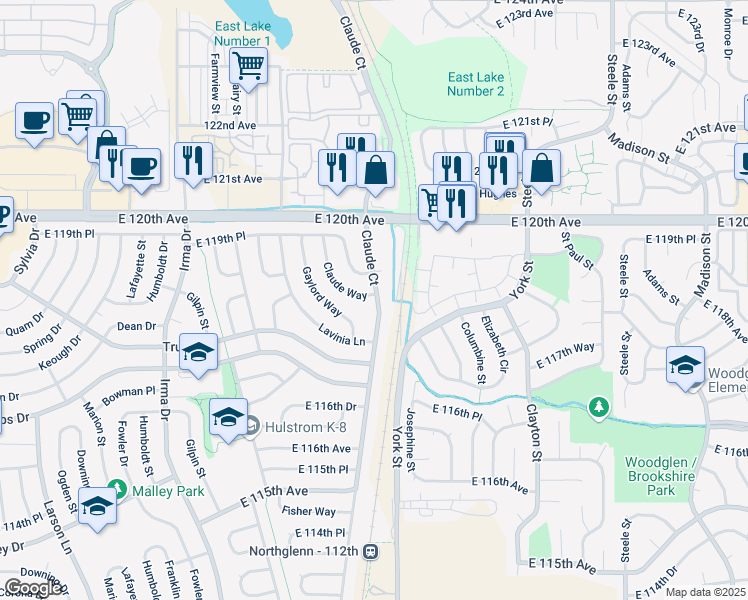 map of restaurants, bars, coffee shops, grocery stores, and more near 11824 Claude Court in Northglenn