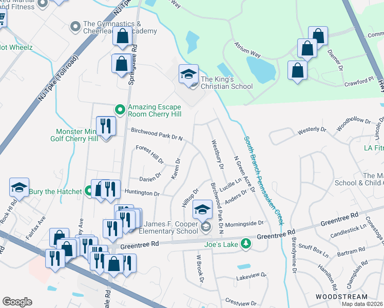 map of restaurants, bars, coffee shops, grocery stores, and more near 43 Strathmore Drive in Cherry Hill