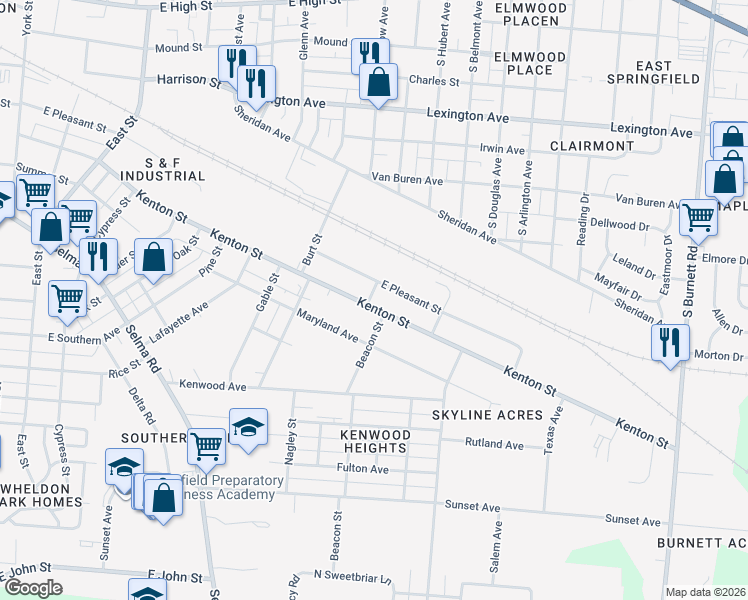 map of restaurants, bars, coffee shops, grocery stores, and more near 1646-1712 East Pleasant Street in Springfield
