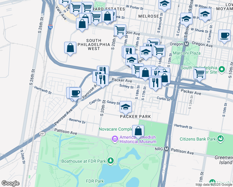 map of restaurants, bars, coffee shops, grocery stores, and more near 3150 Olympia Place in Philadelphia