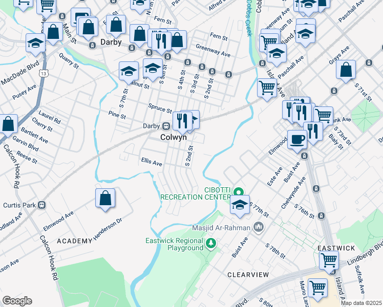 map of restaurants, bars, coffee shops, grocery stores, and more near 419 South 2nd Street in Darby
