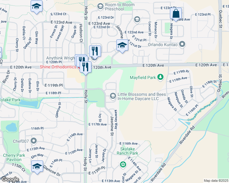 map of restaurants, bars, coffee shops, grocery stores, and more near 11920 Kearney Circle in Thornton