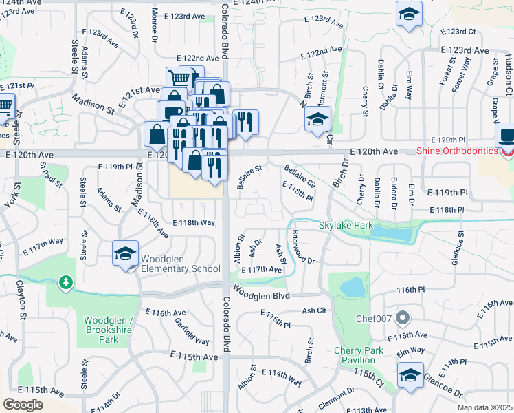map of restaurants, bars, coffee shops, grocery stores, and more near 4115 East 119th Place in Thornton