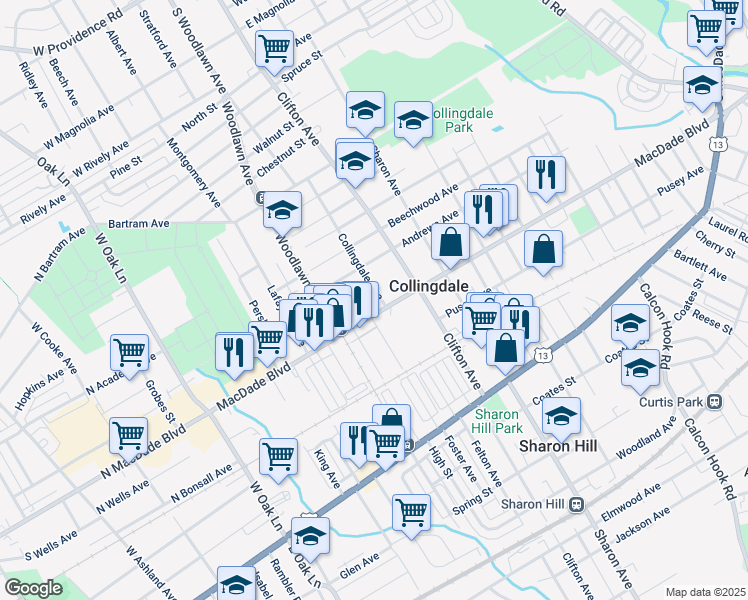 map of restaurants, bars, coffee shops, grocery stores, and more near 217 Collingdale Avenue in Collingdale