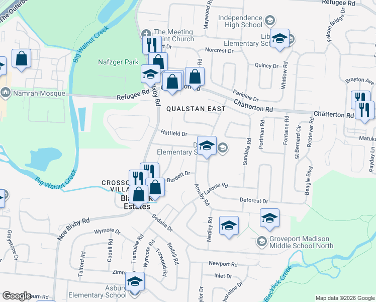 map of restaurants, bars, coffee shops, grocery stores, and more near 5165 Hatfield Drive in Columbus
