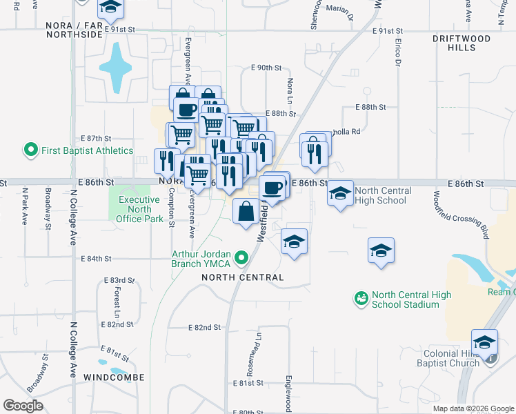 map of restaurants, bars, coffee shops, grocery stores, and more near 1501 East 86th Street in Indianapolis