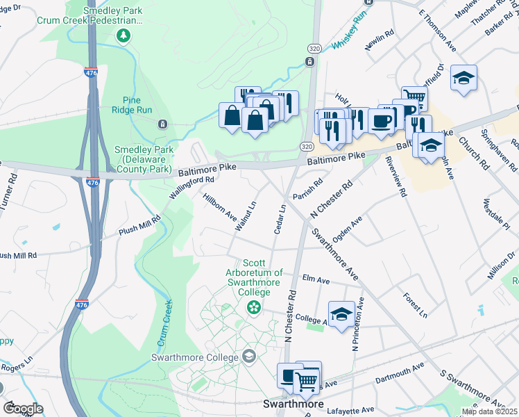 map of restaurants, bars, coffee shops, grocery stores, and more near 530 Walnut Lane in Swarthmore
