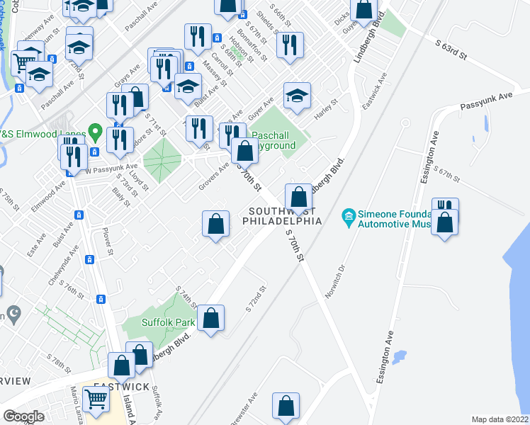 map of restaurants, bars, coffee shops, grocery stores, and more near 7010 Lark Place in Philadelphia