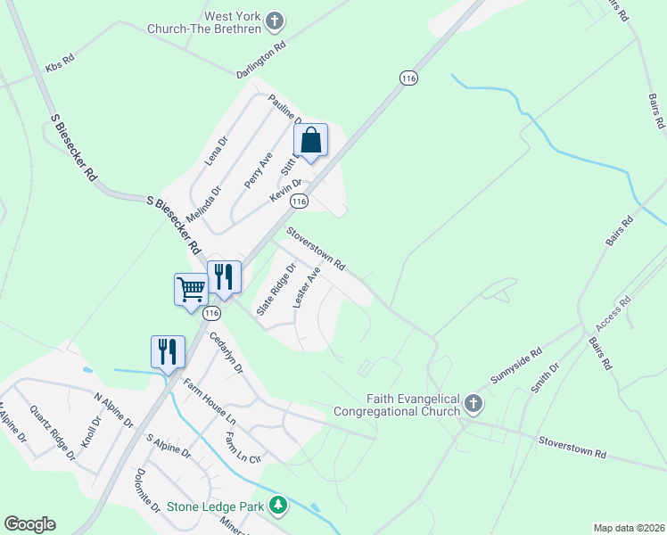 map of restaurants, bars, coffee shops, grocery stores, and more near 718 Stoverstown Road in York