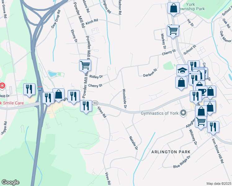 map of restaurants, bars, coffee shops, grocery stores, and more near 40 Lynwood Drive in York