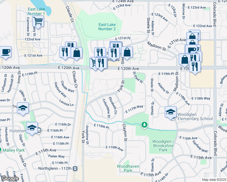 map of restaurants, bars, coffee shops, grocery stores, and more near 11801 York Street in Thornton