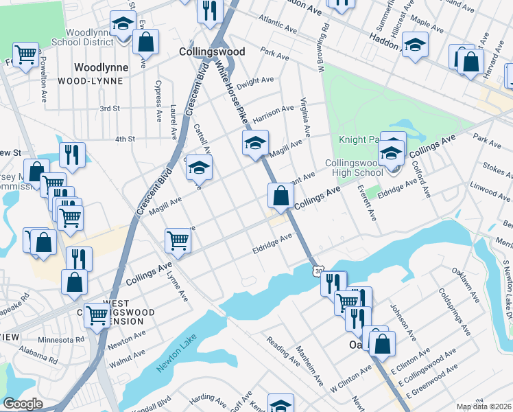 map of restaurants, bars, coffee shops, grocery stores, and more near 621 Grant Avenue in Oaklyn