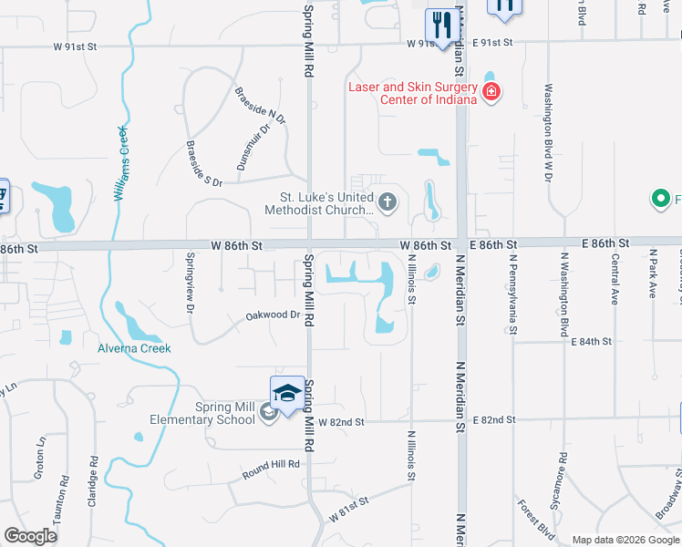 map of restaurants, bars, coffee shops, grocery stores, and more near 8545 Olde Mill Trace in Indianapolis