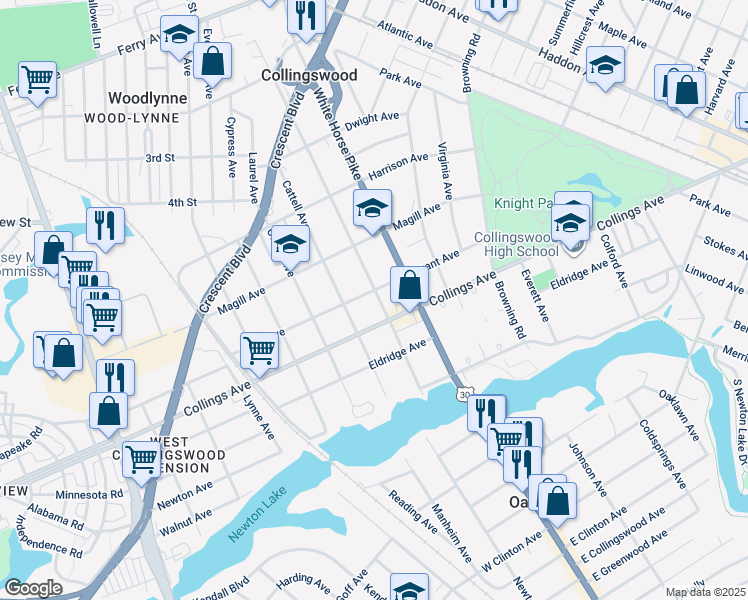 map of restaurants, bars, coffee shops, grocery stores, and more near 621 Grant Avenue in Oaklyn