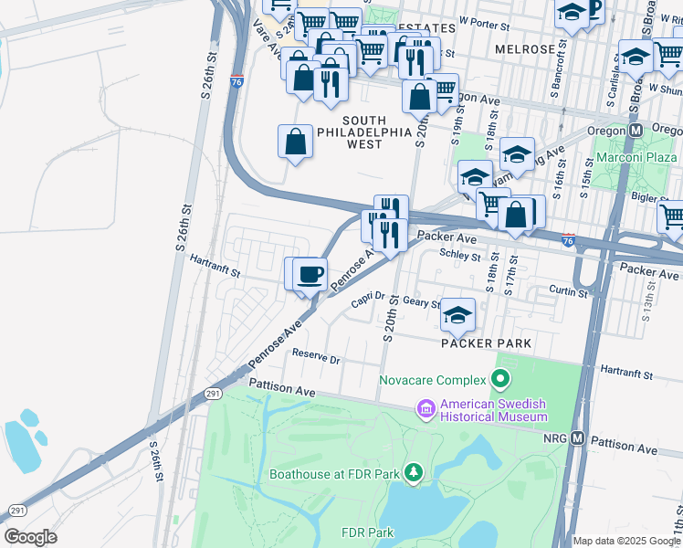 map of restaurants, bars, coffee shops, grocery stores, and more near 2116 Homestead Street in Philadelphia