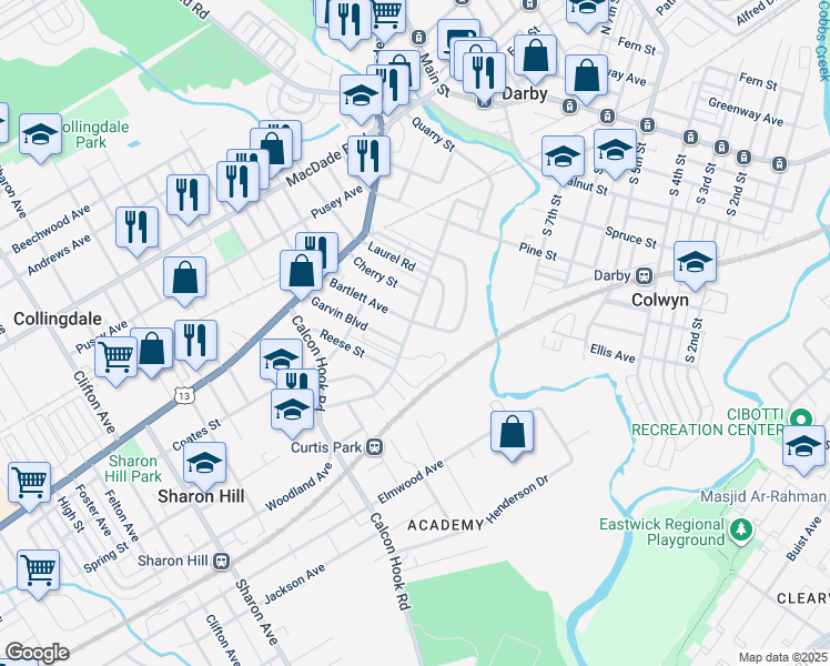 map of restaurants, bars, coffee shops, grocery stores, and more near 527 Poplar Street in Sharon Hill