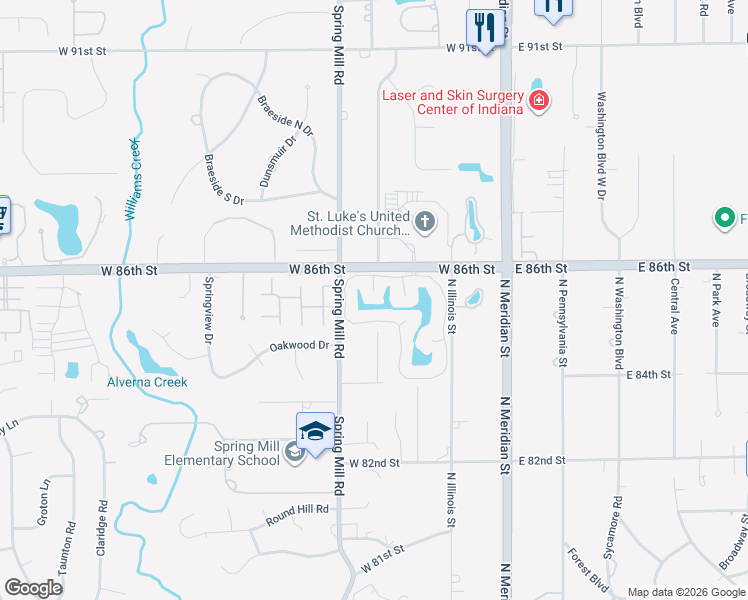 map of restaurants, bars, coffee shops, grocery stores, and more near 275 Old Mill Trce in Indianapolis