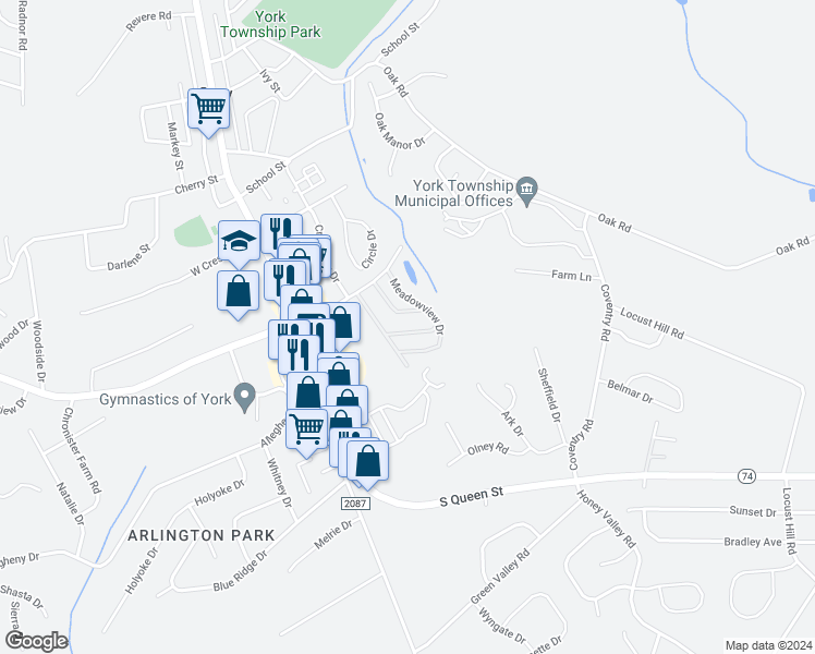 map of restaurants, bars, coffee shops, grocery stores, and more near 2628 Crestview Drive in York