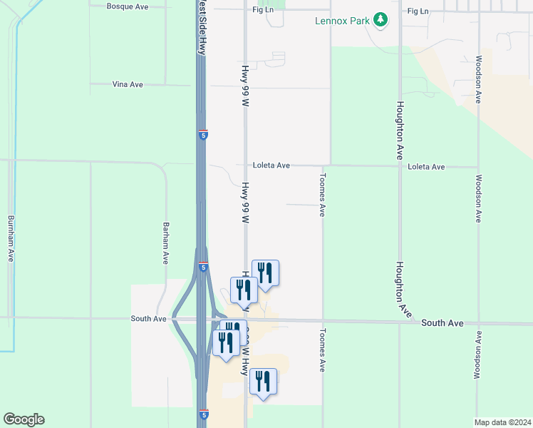 map of restaurants, bars, coffee shops, grocery stores, and more near 2761 Highway 99 West in Corning