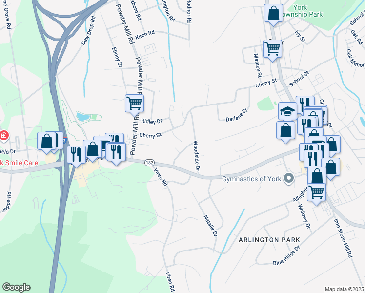 map of restaurants, bars, coffee shops, grocery stores, and more near 40 Lynwood Drive in York