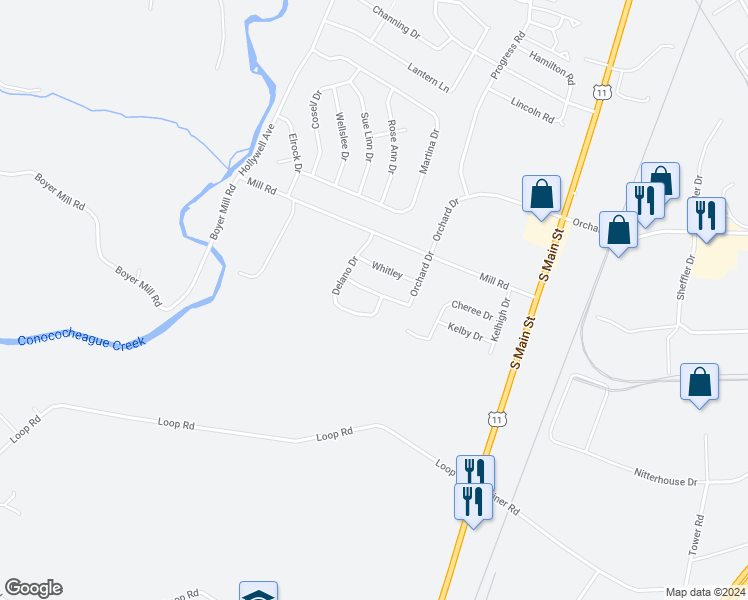 map of restaurants, bars, coffee shops, grocery stores, and more near 219 Meriweather Drive in Chambersburg