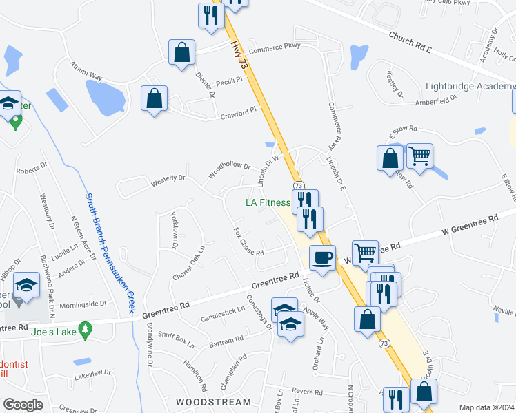 map of restaurants, bars, coffee shops, grocery stores, and more near 1404 Arrowwood Court in Evesham Township