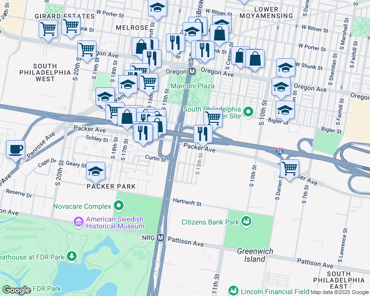 map of restaurants, bars, coffee shops, grocery stores, and more near 3101 South Broad Street in Philadelphia