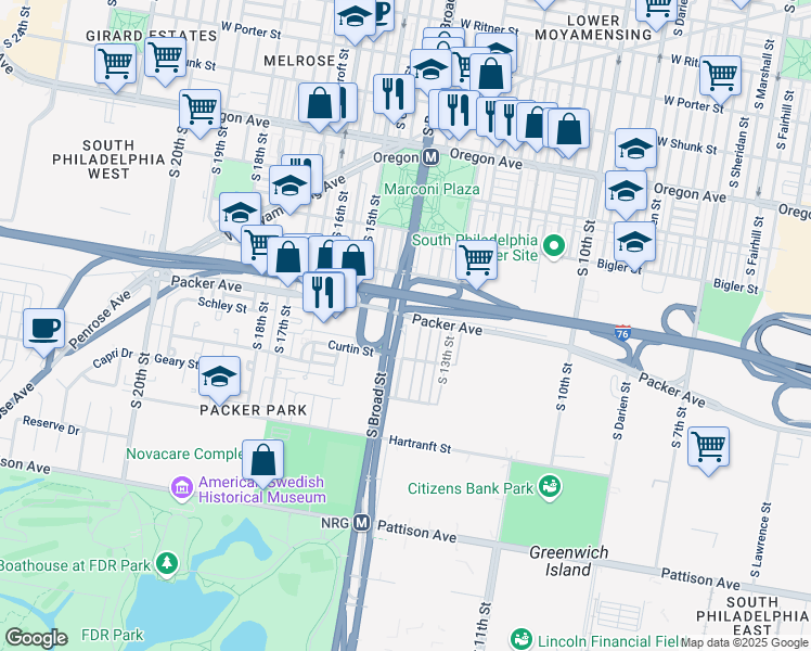 map of restaurants, bars, coffee shops, grocery stores, and more near 3101 South Broad Street in Philadelphia