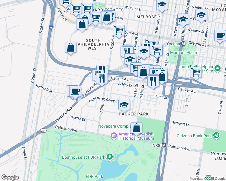 map of restaurants, bars, coffee shops, grocery stores, and more near 3159 South Uber Street in Philadelphia
