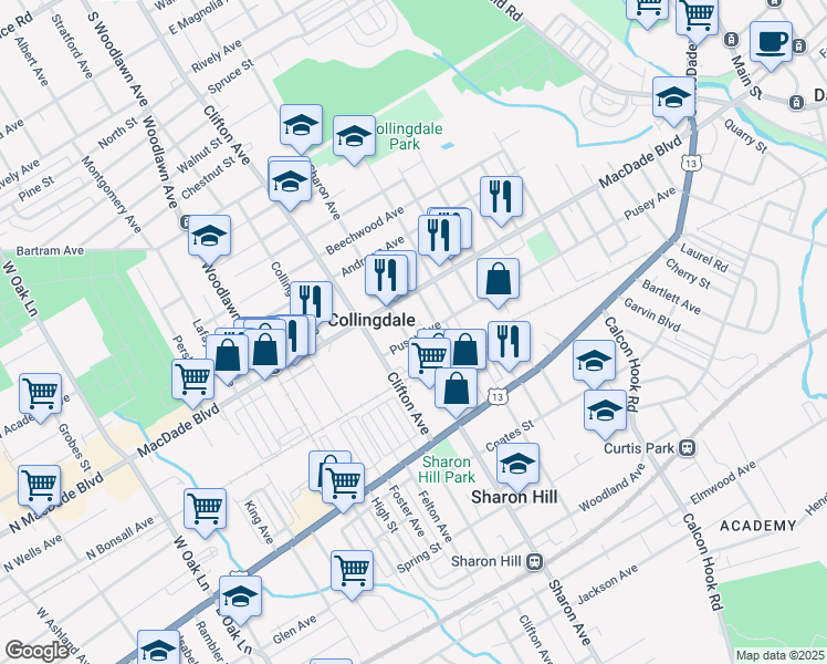 map of restaurants, bars, coffee shops, grocery stores, and more near 121 Sharon Avenue in Collingdale