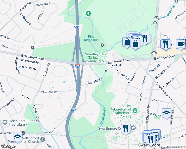 map of restaurants, bars, coffee shops, grocery stores, and more near East Baltimore Pike in Nether Providence Township