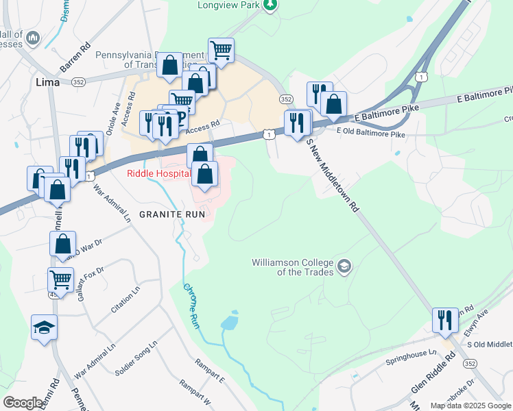 map of restaurants, bars, coffee shops, grocery stores, and more near 1048 West Baltimore Pike in Media