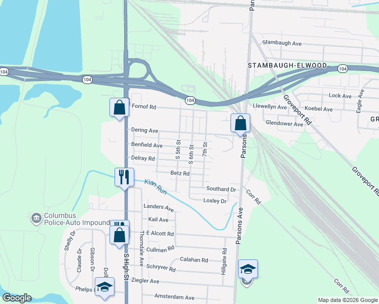 map of restaurants, bars, coffee shops, grocery stores, and more near 176 Benfield Avenue in Columbus