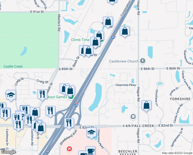 map of restaurants, bars, coffee shops, grocery stores, and more near 8400 Clearvista Place in Indianapolis