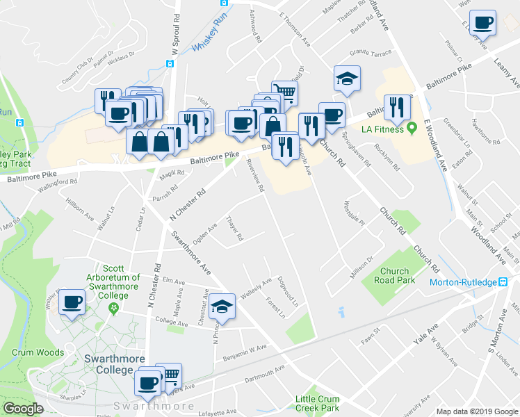 map of restaurants, bars, coffee shops, grocery stores, and more near 438 Riverview Road in Swarthmore