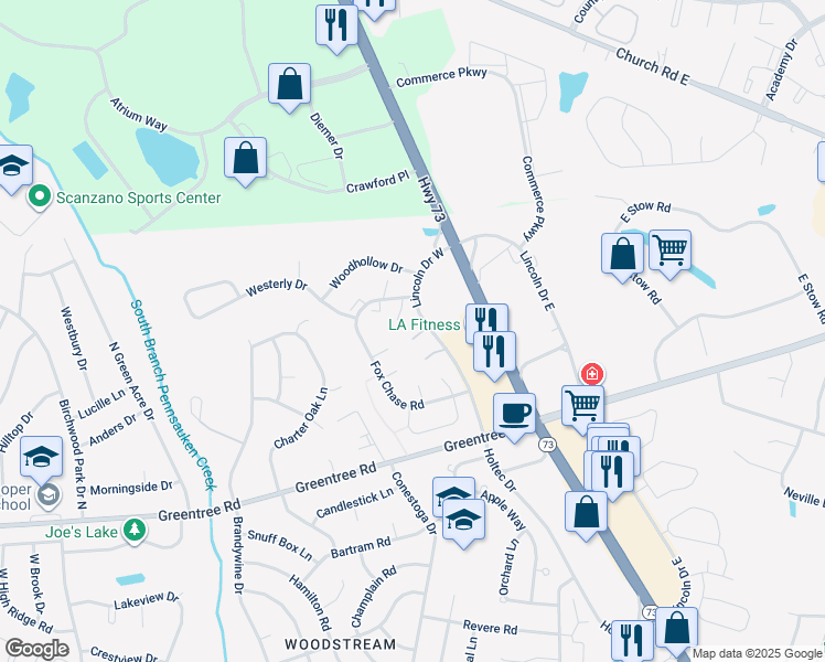 map of restaurants, bars, coffee shops, grocery stores, and more near 1404 Arrowwood Court in Evesham Township