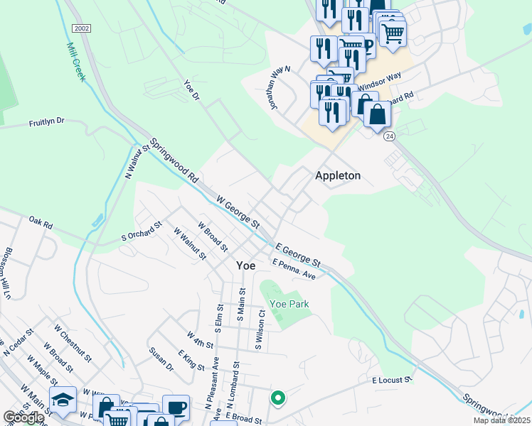map of restaurants, bars, coffee shops, grocery stores, and more near 60 West High Street in Yoe
