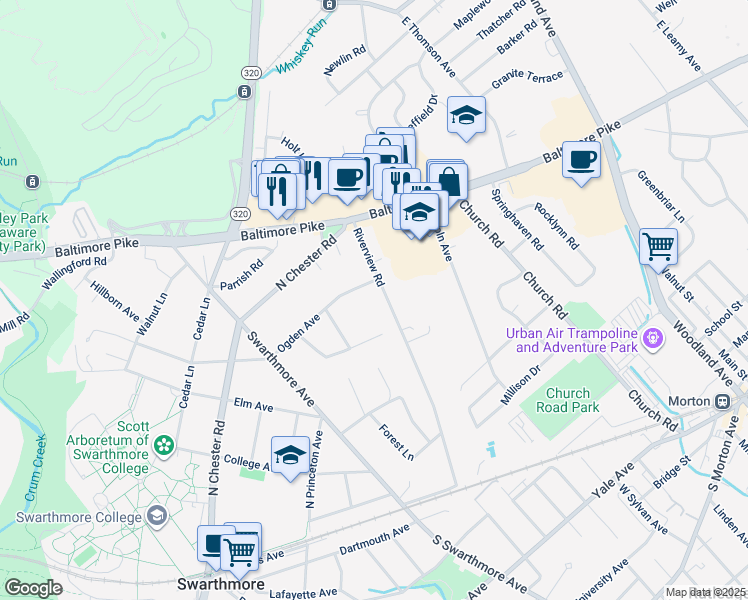 map of restaurants, bars, coffee shops, grocery stores, and more near 438 Riverview Road in Swarthmore