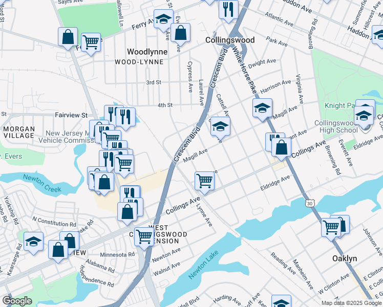 map of restaurants, bars, coffee shops, grocery stores, and more near 312 Taylor Avenue in Oaklyn