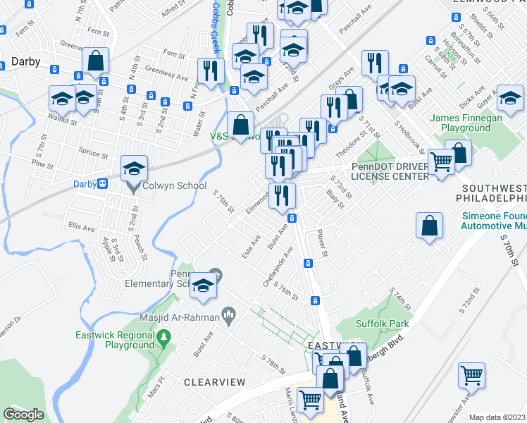 map of restaurants, bars, coffee shops, grocery stores, and more near 2514 S Ashford St in Philadelphia